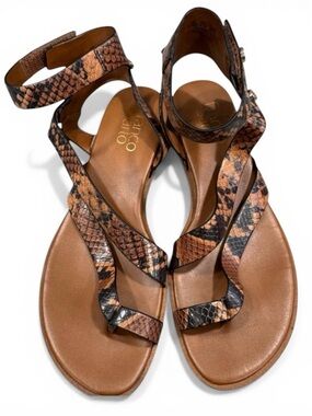 Franco Sarto Tan and Black Snake-Print Leather Wrap Sandals - Size 6.5